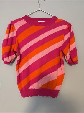 Fate Pink, Hot Pink & Orange Diagonal Stripe Puff Sleeve Sweater